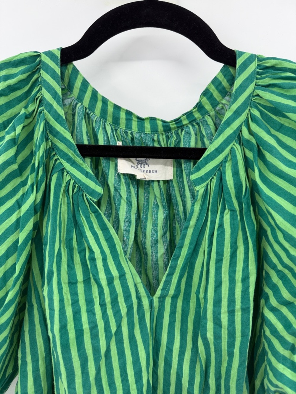 Printfresh Women's V-neck 100% Organic Cotton Puff Sleeve Top - Green Stripes M - Picture 2 of 6